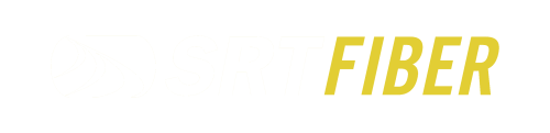 SRT FIBER LOGO WITH WHITE SRT LOGO AND YELLOW FIBER WORDS