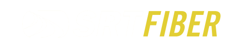 SRT FIBER LOGO WITH WHITE SRT LOGO AND YELLOW FIBER WORDS